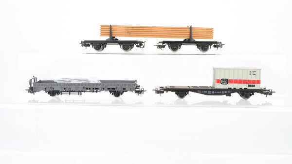 Märklin H0 Konvolut Containertragwagen teilbeladen Rungenwagen Drehschemelwagen mit Langholz DB u.a.