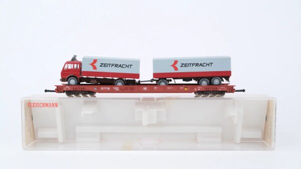 Fleischmann H0 5275 Niederflurwagen beladen mit LKW Zeitfracht DB