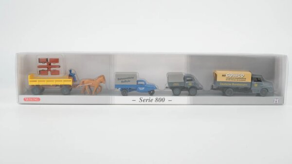 Set Edition Deutsche Bundesbahn Nr. 9 Pferdewagen, Goli Dreirad, Unimog U401 und Ford 2500