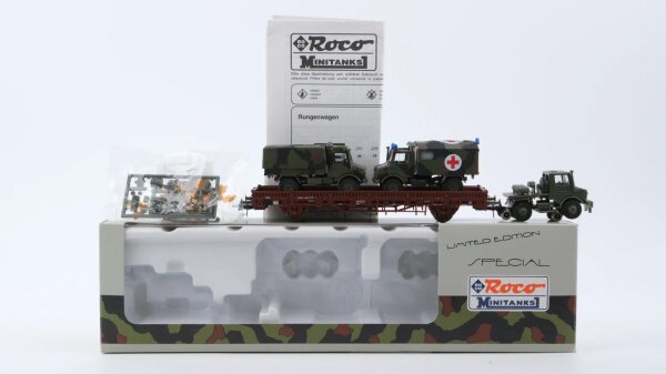 Roco H0 825 Schwerlastwagen (Minitanks, Unimog-Transport mit LokTrac) DB