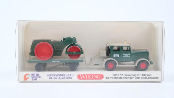 Wiking H0 085152 Hanomag ST 100 mit Schwerlastanhänger und Straßenwalze Aug. Alborn Intermodellbau 2016