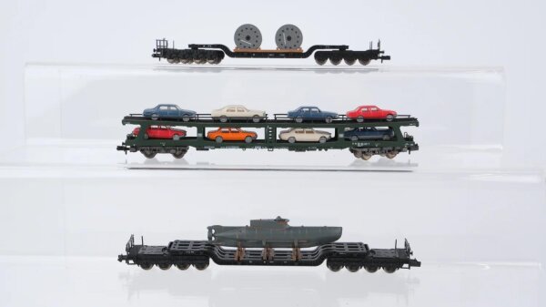 Fleischmann N Konvolut Tiefladenwagen beladen Autotransportwagen mit PKW DB