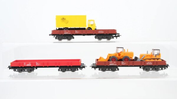 Märklin H0 Konvolut Niederbordwagen teilw. beladen mit Baufahrzeugen/LKW DB