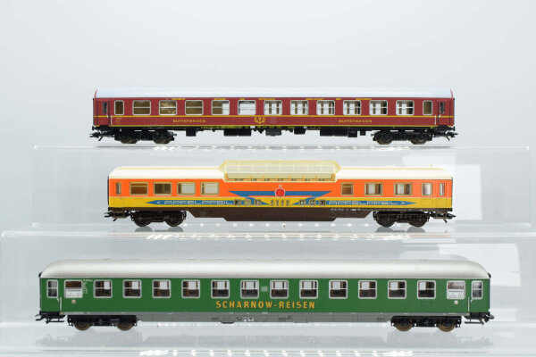 Lima  H0 Konvolut Panoramawagen "Apfelpfeil" orange/gelb; Abteilwagen "Scharnow-Reisen" grün, Buffetwagen "EBG" rot (17007948)