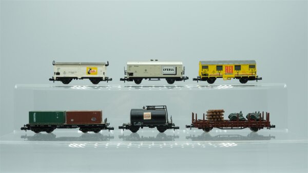 Minitrix/Arnold/Roco N Konvolut ged. Güterwagen/ Schiebedachwagen/ Kühlwagen/ Kesselwagen/ Containertragwagen/ Rungenwagen DB (37002163)