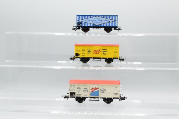 Trix H0 Konvolut Gedeckte Güterwagen "Libbys" weiß; "Seifen und Soda-Fabrik" blau; "Maggie" gelb; DR (17009259)